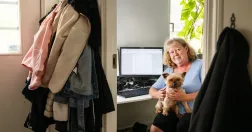 Kvinna med hund i knät framför dator
