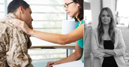 Psykologen Caroline Erkers bredvid en bild av ett samtal mellan två personer, där den ena bär uniform.