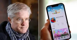 Porträtt av Martin Wästfelt, Unionen, bredvid en bild av en hand som håller en mobiltelefon med spelet Candy Crush på skärmen.