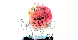 Manligt ansikte vars öron det sprutar rök ur.