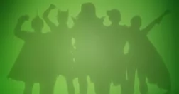 Siluetter av superhjältar mot grön bakgrund.