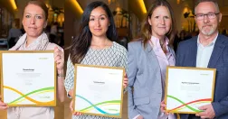 Therese Arroyo (till vänster), Tashmina Berdini (mitten) och två personer ur Unionenklubbens styrelse på Volvo Personvagnar AB (till höger).