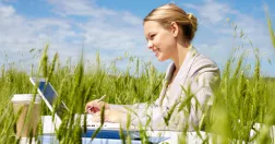 Kvinnor sitter och jobbar vid skrivbord på en åker.