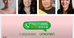 Clara Henry, Elaine Eksvärd, Peter Tai Christensen och Seher Yilmaz ovanför Mansplaining-jourens logga.