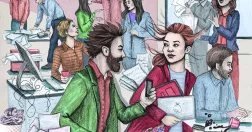 Figurer pratar i ett stökigt kontorslandskap.