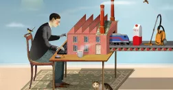 Man sitter vid skrivbord och uppfinner saker som rullar ut på ett band.