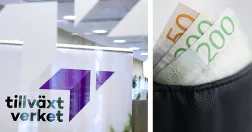 Tillväxtverkets logga på skylt till vänster, sedlar som sticker upp ur plånbok till höger.