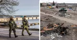 Till vänster: Patrullerande soldater på Gotland. Till höger: Lokala invånare passerar ryska pansvarvagnar i ukrainska samhället Trostianets.