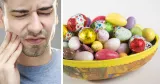 Vad räknas som arbetsskada? Till vänster: man tar sig för kinden och skrynklar ansiktet. Till höger: påskägg med godis.