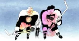 En liten manlig chef kläms mellan två stora hockeyspelare
