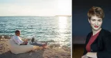 Till vänster: Man som sitter i sackosäck vid havet med laptop i knäet. Till höger: Siri Helle, psykolog.