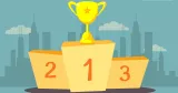Tecknad illustration över en prispall med en guldpokal högst upp på plats nummer ett. 