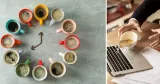 Kaffe på jobbet. Till vänster en ring av kaffekoppar i olika färger. Till höger en man spiller kaffe över sin dator.