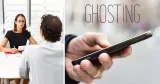 Ghostning vid rekrytering. Till vänster en kvinna och en man på anställningsintervju. Till höger en hand som håller i mobiltelefon och texten Ghostad.
