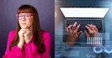 Elin Eriksson från Women in Tech Sweden till vänster i en delad bild. Hon bär en cerise blus och röda glasögon, har långt brunt hår och kort lugg. Till höger syns ett par manshänder som skriver på en bärbar dator.