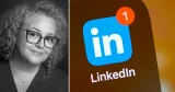 Delad bild med porträtt av kvinna och Linkedin-logotyp på mobilskärm, om bedrägerier mot arbetssökande.