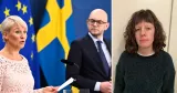 Bilden är tvådelad. Till vänster står arbetsmarknadsminister Johan Britz och socialförsäkringsminister Anna Tenje i strikta kläder, på en presskonferens. Till höger en bild på Maria Kristiansen i mörk tröja och mörkt lockigt hår.