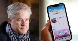 Porträtt av Martin Wästfelt, Unionen, bredvid en bild av en hand som håller en mobiltelefon med spelet Candy Crush på skärmen.